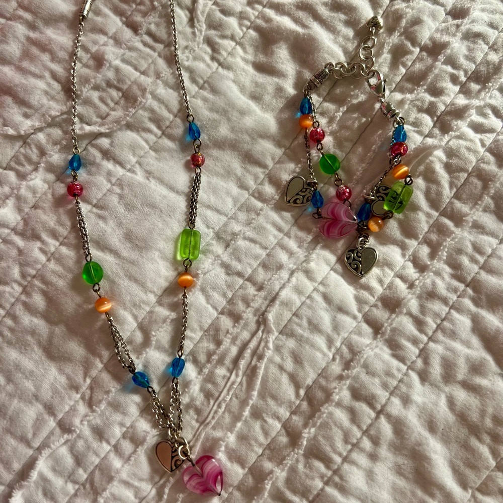 Brighton Colorful Beaded Heart Charm Necklace & Bracelet Set/Bundle